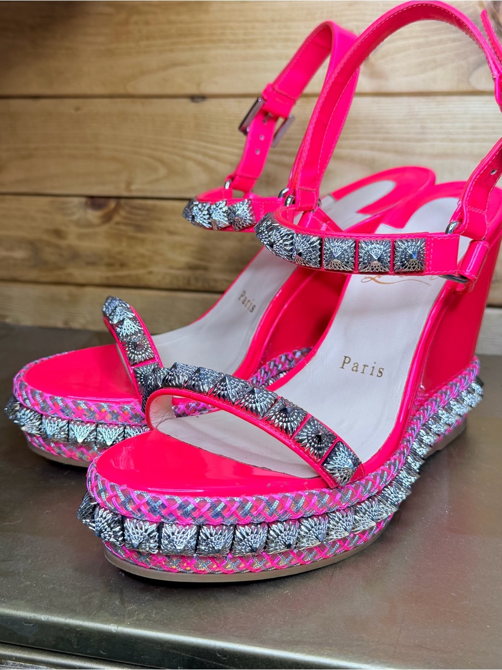Christian Louboutin Pyra Ryad Patent Spike Stud Sandals EU 7